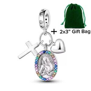Virgin Mary, Heart, Cross Dangle Charm | 925 Silver | Brand New